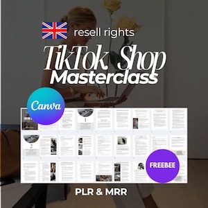 May include: Promotional image for a TikTok Shop Masterclass, featuring the text "TikTok Shop Masterclass" in white. The image includes the Canva logo, the text "resell rights", and a document with multiple pages. The text "PLR & MRR" is at the bottom.