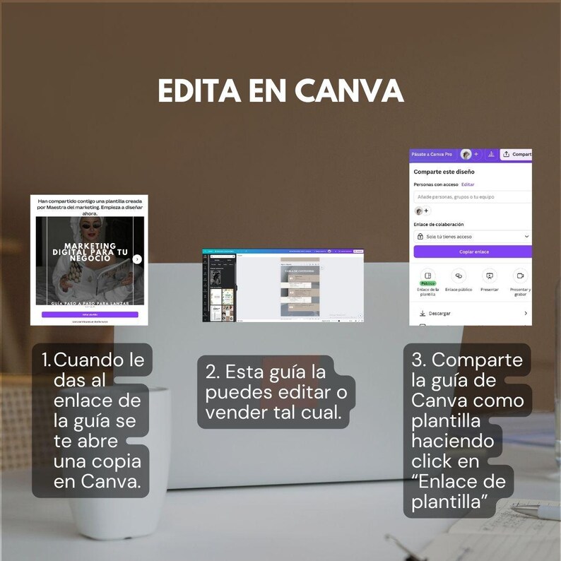 May include: A screenshot of a computer screen showing a Canva design template with the text "Marketing Digital Para Tu Negocio" and instructions on how to edit and share the template.