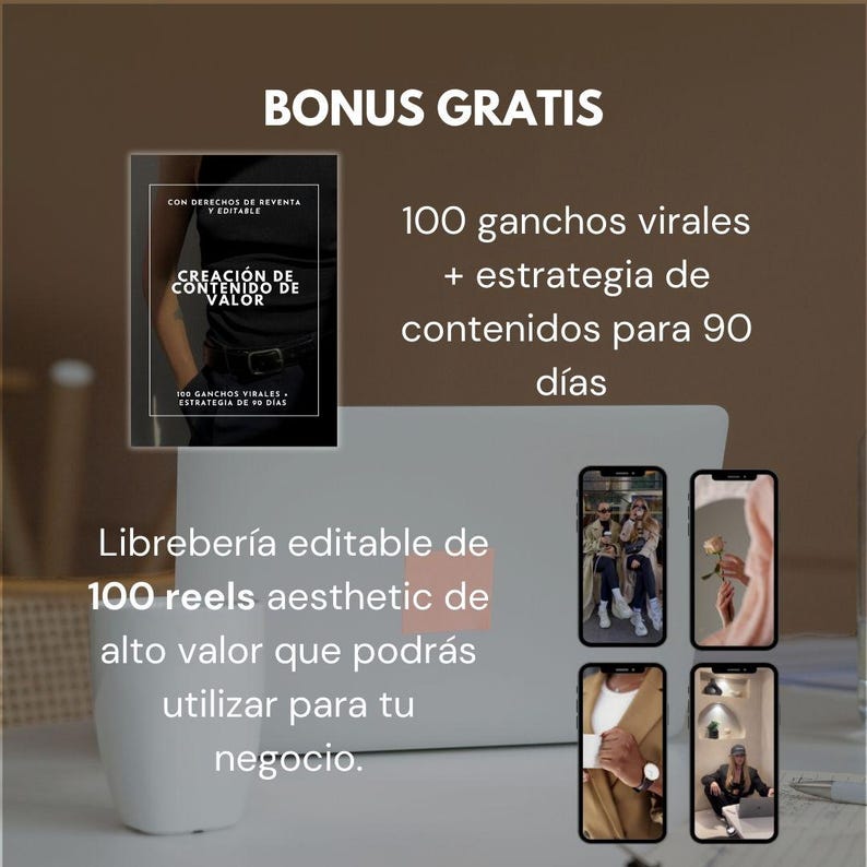 May include: A laptop computer with a white background and a book cover on the screen. The book cover is black and white and has the text "Creaci&oacute;n de Contenido de Valor" on it. The laptop is sitting on a table with four cell phones on it. The cell phones are showing different images. The text "BONUS GRATIS" is at the top of the image.