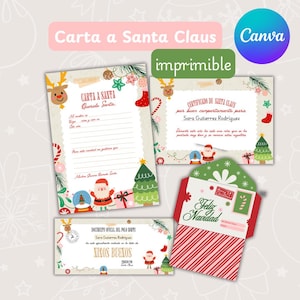 Peut inclure: Ensemble de papeterie de Noël imprimable. Comprend une lettre au Père Noël, un certificat et une enveloppe à rayures rouges et blanches. La papeterie présente des illustrations festives et du texte en espagnol.