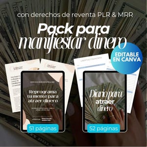 Może przedstawiać: Obraz z tłem z banknotów. Dwa tablety wyświetlają tekst: "Przeprogramuj swój umysł, aby przyciągnąć pieniądze" i "Dziennik, aby przyciągnąć pieniądze". Widoczny jest również tekst "Pakiet do manifestowania pieniędzy". Obraz jest oznaczony jako "Edytowalny w Canva".