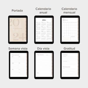 May include: A digital planner with a beige cover featuring the text "2024 PLANIFICADOR". The planner includes sections for a yearly calendar, monthly calendar, weekly view, daily view, and gratitude journaling.