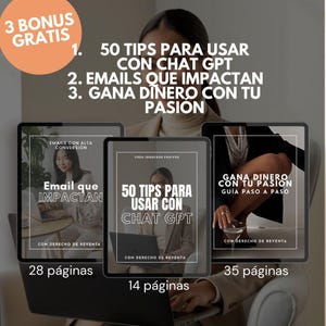 May include: Three digital tablets showcasing ebook covers with titles such as "50 Tips for Using Chat GPT," "Emails That Impact," and "Earn Money with Your Passion." The image includes text about bonus offers and the number of pages in each ebook.