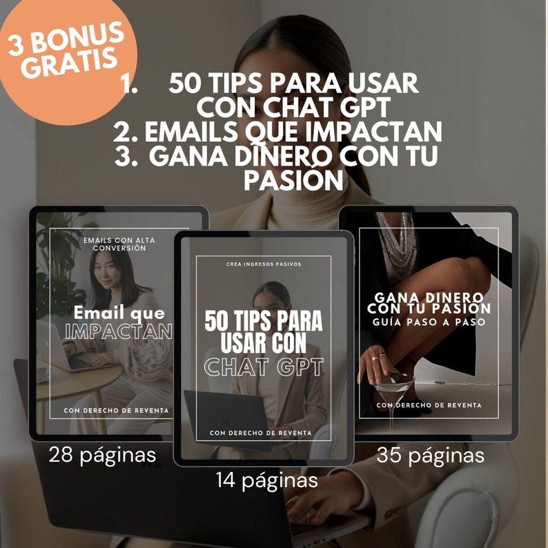 May include: Three digital tablets showcasing ebook covers with titles such as "50 Tips for Using Chat GPT," "Emails That Impact," and "Earn Money with Your Passion." The image includes text about bonus offers and the number of pages in each ebook.