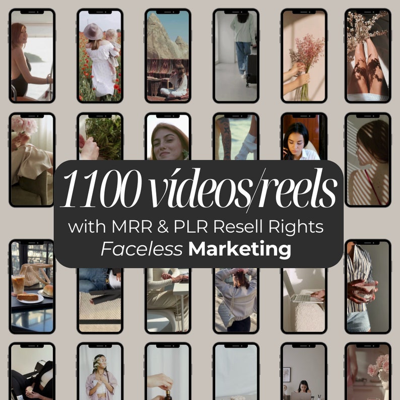 May include: A collage of 16 different phone screen images showing various videos and reels. The text "1100 videos/reels with MRR & PLR Resell Rights Faceless Marketing" is superimposed on the collage.