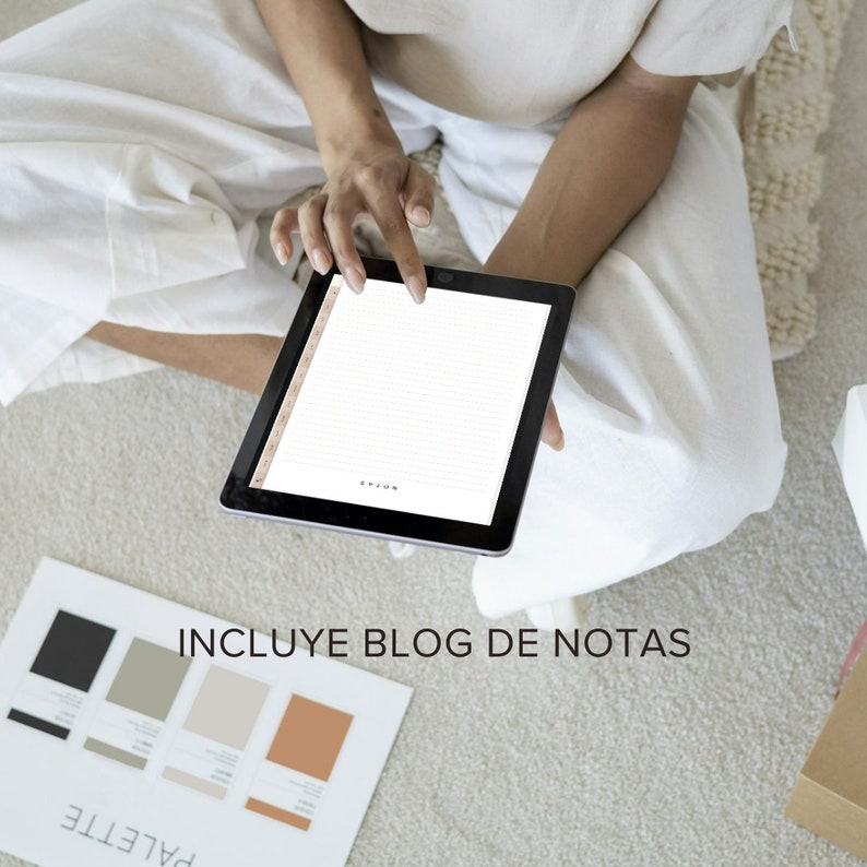 May include: A person using a tablet with a blank lined page on the screen. The text "INCLUYE BLOG DE NOTAS" is visible on a piece of paper in the foreground.