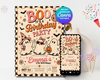 Retro Ghost Halloween Birthday Invitation, Spooky Party Invite (Digital Download)