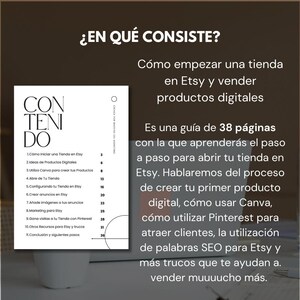 May include: A white and black graphic with the text "CON TEN DO" and a list of 11 steps for starting an Etsy shop and selling digital products. The text "&iquest;EN QU&Eacute; CONSISTE?" is at the top of the graphic. The text "C&oacute;mo empezar una tienda en Etsy y vender productos digitales" is in a white box. The text "Es una gu&iacute;a de 38 p&aacute;ginas con la que aprender&aacute;s el paso a paso para abrir tu tienda en Etsy. Hablaremos del proceso de crear tu primer producto digital, c&oacute;mo usar Canva, c&oacute;mo utilizar Pinterest para atraer clientes, la utilizaci&oacute;n de palabras SEO para Etsy y m&aacute;s trucos que te ayudan a. vender muuuucho m&aacute;s." is below the white box.
