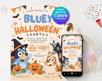 Bluey Halloween Party Invitation, Kids Halloween Birthday Invite, Cute Cartoon Dog Party, Printable Digital Invitation
