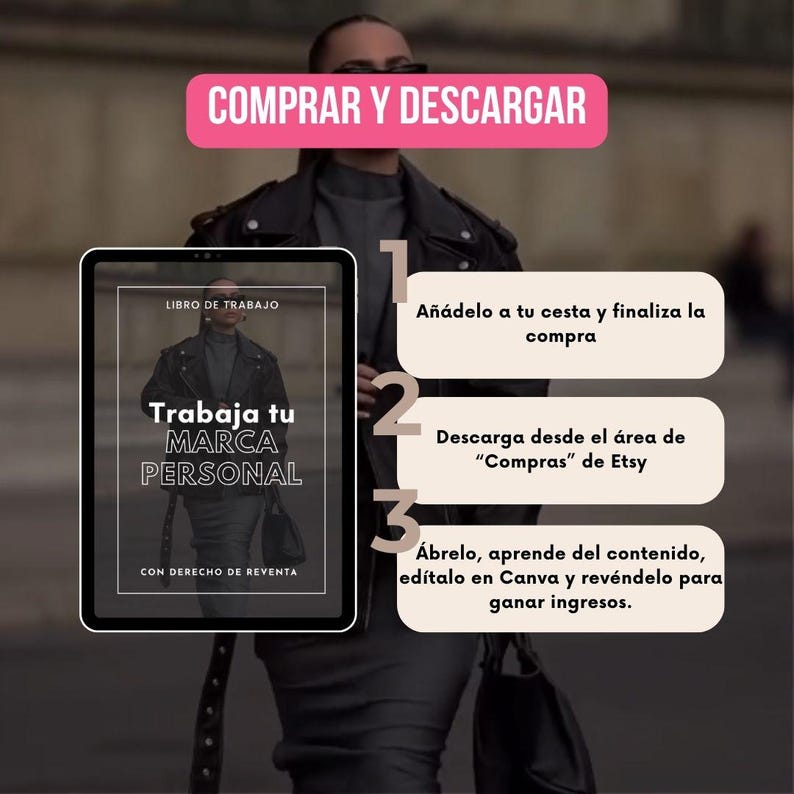 May include: A digital product listing for a guide on building a personal brand. The guide is titled "Trabaja tu MARCA PERSONAL" and includes the text "LIBRO DE TRABAJO" and "CON DERECHO DE REVENTA". The image also includes instructions on how to purchase and download the guide.
