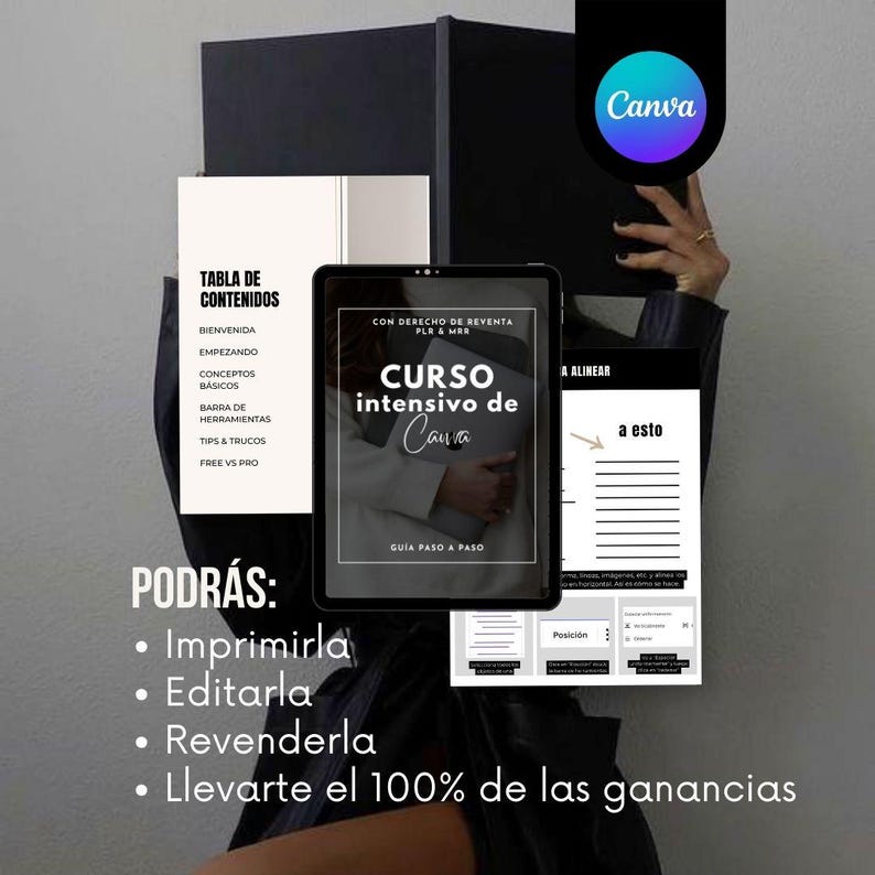 K&ouml;nnte beinhalten: Ein digitaler Kurs&uuml;berblick in Schwarzwei&szlig; f&uuml;r einen Canva-Kurs. Der Kurstitel lautet "Curso intensivo de Canva" mit dem Text "Con derecho de reventa PLR & MRR" &uuml;ber dem Titel. Der Kurs&uuml;berblick umfasst Themen wie "Bienvenida", "Empezando", "Conceptos b&aacute;sicos", "Barra de herramientas", "Tips & Trucos" und "Free vs Pro". Der Text "PODR&Aacute;S" ist fett gedruckt mit Aufz&auml;hlungszeichen, die "Imprimirla", "Editarla", "Revenderla" und "Llevarte el 100% de las ganancias" auflisten.