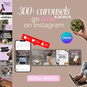 May include: A promotional graphic with the text "300+ carousels go viral & bonus on Instagram." The image includes a smartphone, social media icons, and various digital product mockups. The Canva logo is also visible.