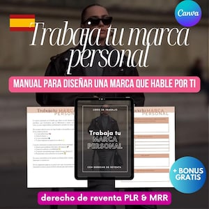 May include: A digital product cover with the text "Trabaja tu marca personal" in a bold, white font. The cover features a woman wearing sunglasses and a black leather jacket. The text "MANUAL PARA DISE&Ntilde;AR UNA MARCA QUE HABLE POR TI" is below the title. The cover also includes the text "LIBRO DE TRABAJO" and "CON DERECHO DE REVENTA".