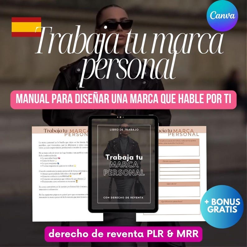 May include: A digital product cover with the text "Trabaja tu marca personal" in a bold, white font. The cover features a woman wearing sunglasses and a black leather jacket. The text "MANUAL PARA DISE&Ntilde;AR UNA MARCA QUE HABLE POR TI" is below the title. The cover also includes the text "LIBRO DE TRABAJO" and "CON DERECHO DE REVENTA".