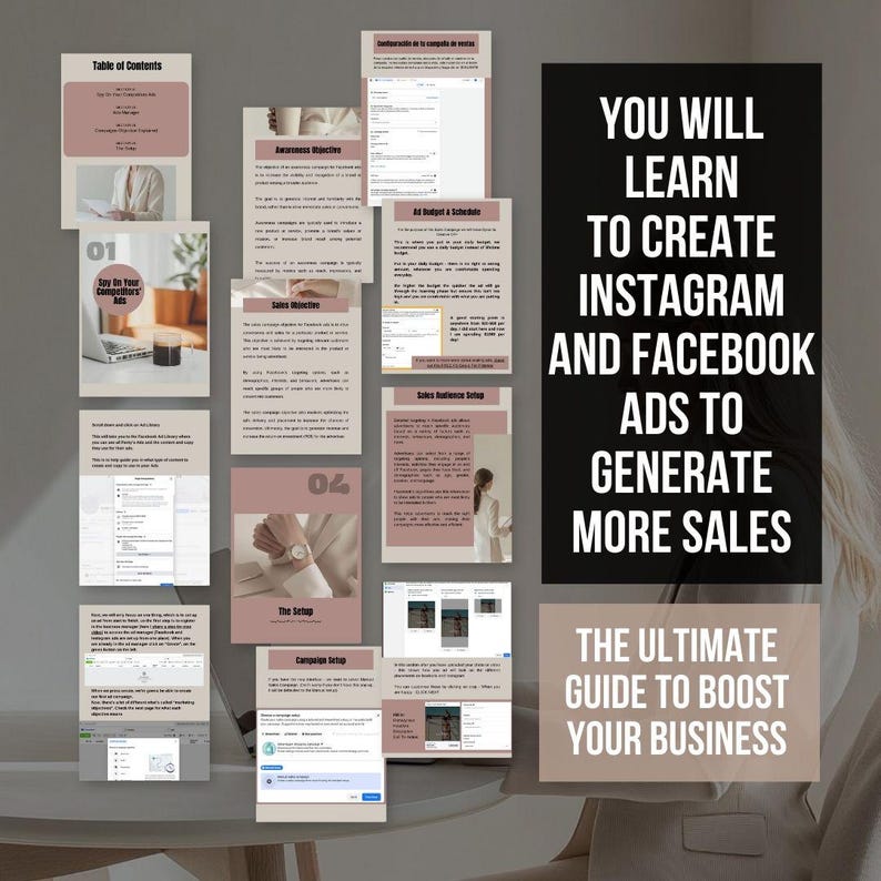 May include: A pink and white digital guide with the text "You will learn to create Instagram and Facebook ads to generate more sales. The ultimate guide to boost your business."