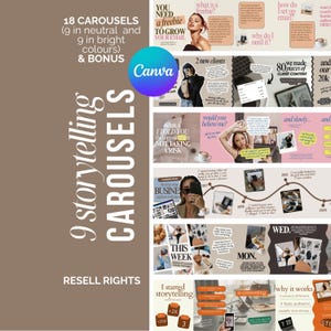 Peut inclure: Un ensemble de modèles de marketing numérique comprenant 18 carrousels de narration avec 9 options de couleurs neutres et 9 vives. La mise en page inclut des superpositions de texte, des photos et des éléments graphiques avec le logo Canva.