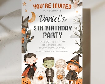 Kids Halloween Birthday Invitation, Spooky Monster Theme (Digital Download)