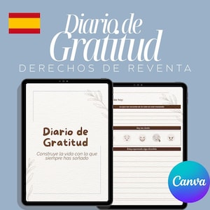Puede incluir: Dos tabletas digitales que muestran un diseño de diario de gratitud. Las páginas del diario presentan indicaciones y espacio para escribir. El texto "Diario de Gratitud" es visible, junto con la frase "Construye la vida con la que siempre has soñado."