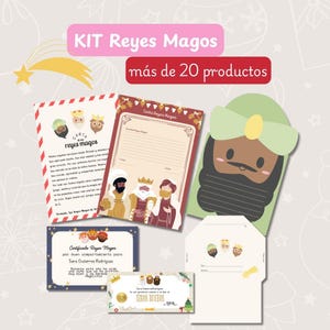 May include: A stationery kit with over 20 items, featuring the text "KIT Reyes Magos" and "más de 20 productos." The kit includes illustrated cards, certificates, and a decorative cutout of the Three Wise Men.