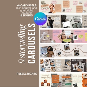May include: A digital marketing product featuring 18 Canva carousel templates, with 9 in neutral and 9 in bright colors. The design includes text and images, promoting email growth and client content. The Canva logo is visible.