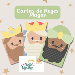 Op de afbeelding: Een verzameling van drie geïllustreerde kaarten met de Drie Wijzen, elk met een uniek ontwerp en kleurenschema. De kaarten zijn versierd met kronen en baarden, en de tekst "Cartas de Reyes Magos" staat bovenaan. Een kleinere kaart met de tekst "Queridos Reyes Magos" is ook inbegrepen.