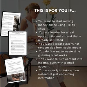 Może przedstawiać: Cyfrowy przewodnik zatytułowany THIS IS FOR YOU IF... z trzema ekranami tablet&oacute;w wyświetlającymi tekst o strategiach TikTok Shop, pozyskiwaniu produkt&oacute;w i cenach, wraz z listą punktową określającą cele biznesowe.