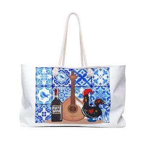 Portugal Inspired Weekender Bag, tote bag, Portuguese tote, azulejo tote, tile bag, gift, travel bag, travel tote, Galo de Barcelos
