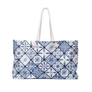 Portugal Inspired Weekender Bag, tote bag, Portuguese tote, azulejo tote, tile bag, gift, travel bag, travel tote, Galo de Barcelos