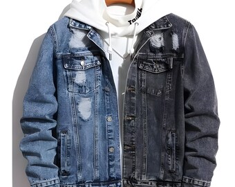 Flap Pocket Jacket | Vintage Denim Jacket Men | Ripped Denim Jacket | Streetwear Jacket | Motorcycle Jacket | Jean Jacket | Denim Outfit