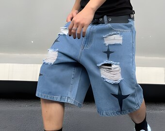 Jeans Shorts Herren | Shorts mit hoher Taille | zerrissene Jeans Shorts | Lockere Shorts | Herren Baggy Shorts | Gedruckt Kurz | Grafik Shorts Herren