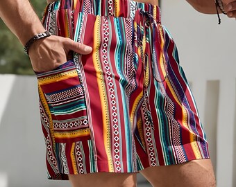 Short rayé pour homme | Short à motif géométrique | Short de plage | Short imprimé pour garçon | Short hawaïen | Short streetwear homme