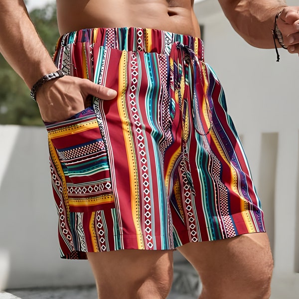 Short rayé pour homme | Short à motif géométrique | Short de plage | Short imprimé pour garçon | Short hawaïen | Short streetwear homme