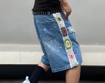 Denim Embroidery Shorts Mens | Baggy Jean Shorts | Patched Shorts | Floral Shorts | Vintage Denim Shorts | Wide Leg Shorts | Baggy Shorts