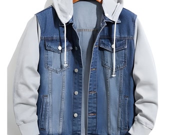 Fleece Jacket Men | Hooded Denim Jacket | Jeans Jacket Men | Vintage Denim Jacket | Hoodie Jacket Men | Gift for Her | Mens Fleece Jacket