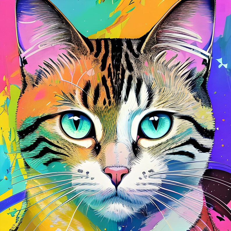 Custom Digital Pet Portrait Cat, Line Art, Pop Art, Bright Colors - Etsy