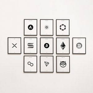 May include: A white wall with 12 black framed prints of cryptocurrency logos. The logos include Avalanche, Cardano, Polkadot, XRP, Solana, Bitcoin, Ethereum, Dogecoin, Polygon, Tron, Shiba Inu.