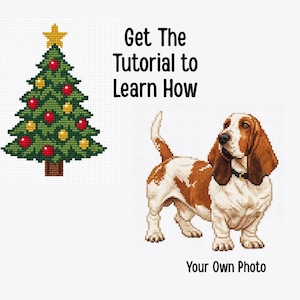 May include: Three cross-stitch patterns featuring a pink coneflower, a decorated Christmas tree with a yellow star, and a brown and white Basset Hound dog. The text reads Get The Tutorial to Learn How and Your Own Photo.