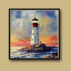 May include: A watercolor painting of a white lighthouse with a red roof standing on a rocky island. The lighthouse is surrounded by blue water and a cloudy sky with a sunset in the background.