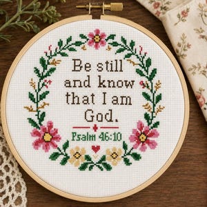 May include: A circular wooden embroidery hoop containing white fabric with a cross-stitch design. The text reads Be still and know that I am God. Psalm 46:10. The lettering is surrounded by a floral wreath featuring pink and yellow flowers.
