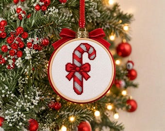 Candy Cane Cross Stitch Ornament for Christmas Tree