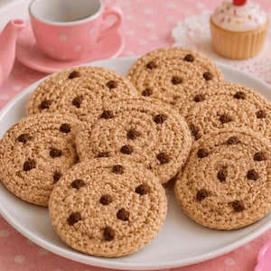 May include: A white plate holding seven round, tan-colored crocheted cookies with dark brown crocheted chocolate chips. The cookies are arranged in a cluster, showcasing the textured yarn stitches and the circular shape of each individual cookie piece.