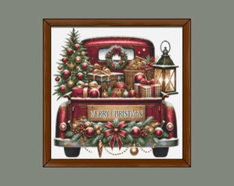 Red Merry Christmas truck cross stitch pattern