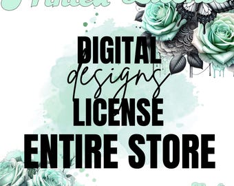 May include: White background with text that reads "Printed License" and "Digital Designs License Entire Store". The image includes watercolor roses in shades of teal and white, and a butterfly graphic.