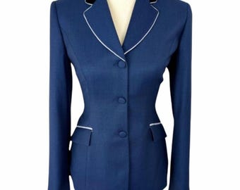 Blazer azul vintage de lana con estampado de pata de gallo y ribete de ante, estilo ecuestre.