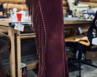 Custom Burgundy Suede Show Chaps – Tooled Leather Floral Yoke, Fringe & Silver Studs