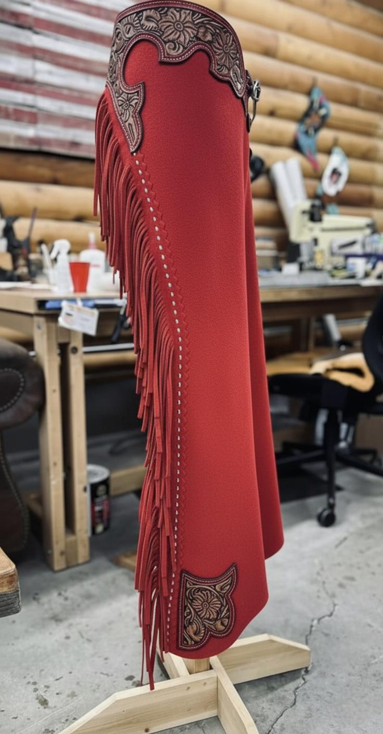 Custom Burgundy Suede Show Chaps – Tooled Leather Floral Yoke, Fringe ...
