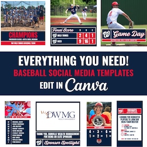 Może przedstawiać: Szablony mediów społecznościowych do baseballu z różnymi wzorami. Zawiera zdjęcie drużyny, ogłoszenie dnia meczu, wynik końcowy, reflektor sponsora, nagrodę MVP i informacje o próbach. Wszystkie szablony można edytować w Canva.