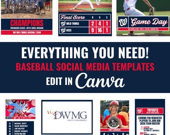 Plantilla para redes sociales de béisbol en Canva / 81 gráficos editables para equipos, entrenadores y jugadores