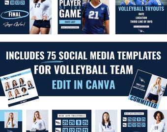 Plantillas para redes sociales de voleibol: 75 gráficos editables de Canva (descarga digital)