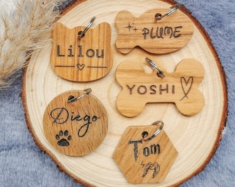 Médaille d'identification en bois pour chiens et chats ou porte-clés